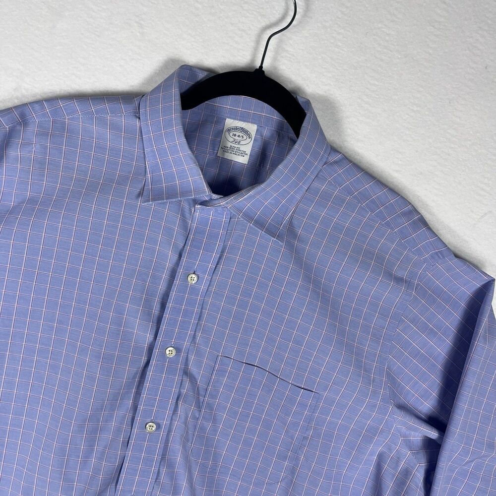 Brooks Brothers 346 Shirt 18 4/5 Slim Fit Non-Iron Stretch Blue Pink Plaid XL 2X